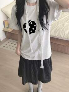 Y2K軟妹風女款夏季新款休閒寬鬆波點卡通印花短袖T恤上衣 - 淺花灰 - 查看 4