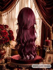alicegarden 28-Inch Long Synthetic Wig Featuring A Natural Wavy Style In A Stunning Burgundy. Designed With Bangs , This False Hairpiece Is Perfect For Ms Halloween Cosplay Daily Use, Offering A Natural And Natural Durable Wig Gift For Ladies. - Burgundy - View 4