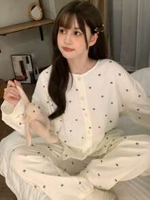 2pcs/Set Women's Pajamas Loungewear Set, Fashionable Open Front Cute Bear Head Pattern Print Long Sleeve Long Pants, Suitable For All Seasons - Champagne - View 6