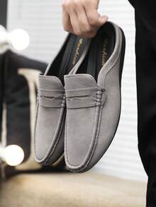 1 Pair Men's Spring/Autumn Vintage Suede Mule Slippers, Lace-Up Decor, Comfortable Soft Sole Closed-Toe Loafers, Preppy Style For Home, Outdoor, Commute, Casual, Office - Grey - View 5