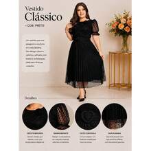 Vestido Evangélico Mídi Plissado Tule com Gripir e Cinto Elegante Modesto Feminino Premium - Preto - Visão 2