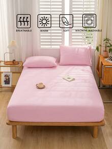 1pc Solid Color 100% Pure Cotton Light Pink Fitted Sheet, Mattress Cover, Soft And Breathable. Suitable For Twin, Full, Queen And King Size Beds. Deep Pocket Up To 11.8 Inches. Perfect For Home And Dorm Bedding. - Baby Pink - View 6