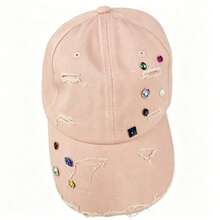 1pc New Korean Style Distressed Baseball Cap For Women, Spring/Summer Sun Protection Rhinestone Sun Hat, Versatile Soft Top Baseball Cap, Makes Face Look Smaller - Multicolor - View 8