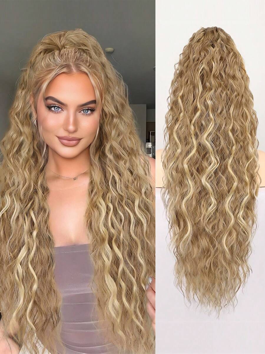 30 Inch Curly Ponytail Clip-In Hair Extensions, Voluminous Natural Look Synthetic Hair Pieces For Women, Blonde Highlights - Blonde Highlight - View 1