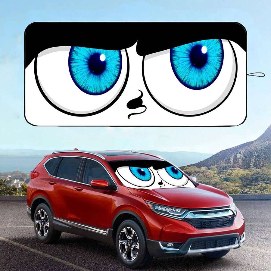 1pc Summer Cartoon Creative Funny Blue Big Eye Car Sunshade, Front Windshield Sun Protection Heat Insulation Board, Black Rubber Material, Light Blocking UV Protection, Cooling, Protect Car Interior, Fun Quirky Personalized Car Sunshade, Suitable For Family Sedan SUV Universal Car Interior Decoration - A - View 1