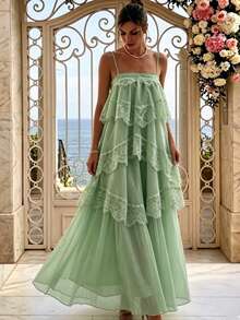 Damen Spitze asymmetrisches elegantes langes Party Rüschen Maxi Kleid, ärmellos Mode, Abschlussball, Abschlussfeier, Urlaubsoutfit Hochzeit Herbst - Minzgrün - Übersicht 3