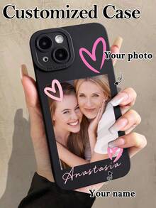 1pc Customized Romantic Couple Photo Doodle Sweet Pink Heart Personalized Signature Phone Case, Suitable For Couples, Friends, Besties, Family, Etc., Black Soft Full Coverage Protective Shell Compatible With Samsung, Apple 13 14 15 14C A14 A15 16A A34 A35 A36 A53 A54 A55 A56 S25 S24 S23 S22 S21 S20 Ultra 16 Pro Max - Multicolor - View 2
