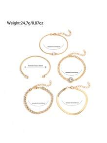 5PCS Vintage Luxury Rhinestone Bracelet Gold Thin Chain Bracelet Multi-Specification Rhinestone Inlaid Layered Bracelet Set For Women - Gold - View 6