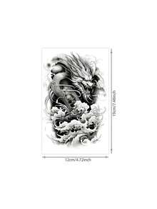 1 Sheet Men's Black Grey Chinese Dragon Temporary Tattoo Stickers, Traditional Oriental Cloud Wave Asian Dragon Ink Sketch Large Waterproof Body Stickers For Forearm Chest Rib Back Shoulder - Black - View 6