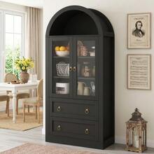 Tall Curved Storage Cabinet (80 X 36 X 170 Cm) With Drawers And Doors, For Kitchen And Living Room, Glass Doors, Black - Black - View 3