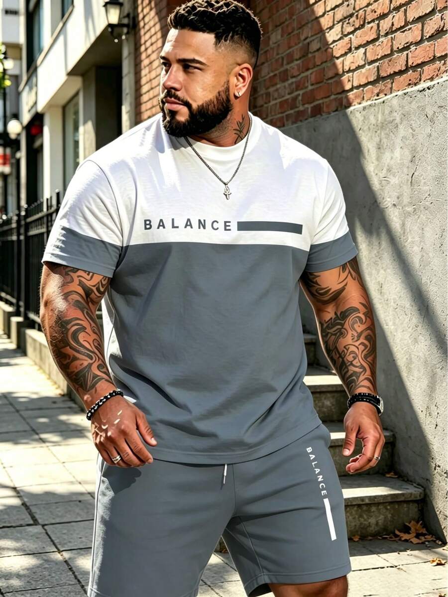 2pcs Plus Size Men's Summer Set, Gray & White Contrast Color + Balance Minimalist Slogan Print Top & Bottom Coordinated Relaxed High Street Style Sports - Baby Blue - View 1