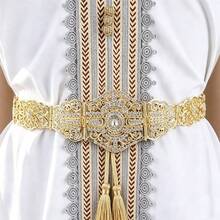 1pc Women Statement Wide Gold Color Waist Belt, Hollow Carved Metal Filigree With Rhinestone, Tassel Drawstring Waistband Accessory For Kaftan - Metal Belt - View 9