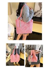 SANRIO Hello Kitty Pink Corduroy Tote Bag With Embroidery & Red Gingham Lining, Secure Toggle Closure. Roomy For Books, Wallet & Daily Essentials, Soft Durable Fabric. Plush Charm Not Included, Ideal For School, Work, Shopping & Gifting.,Back To School - Baby Pink - View 6