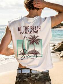 1pc Men's Casual Coconut Tree Print Round Neck Tank Top, Summer - White - View 2
