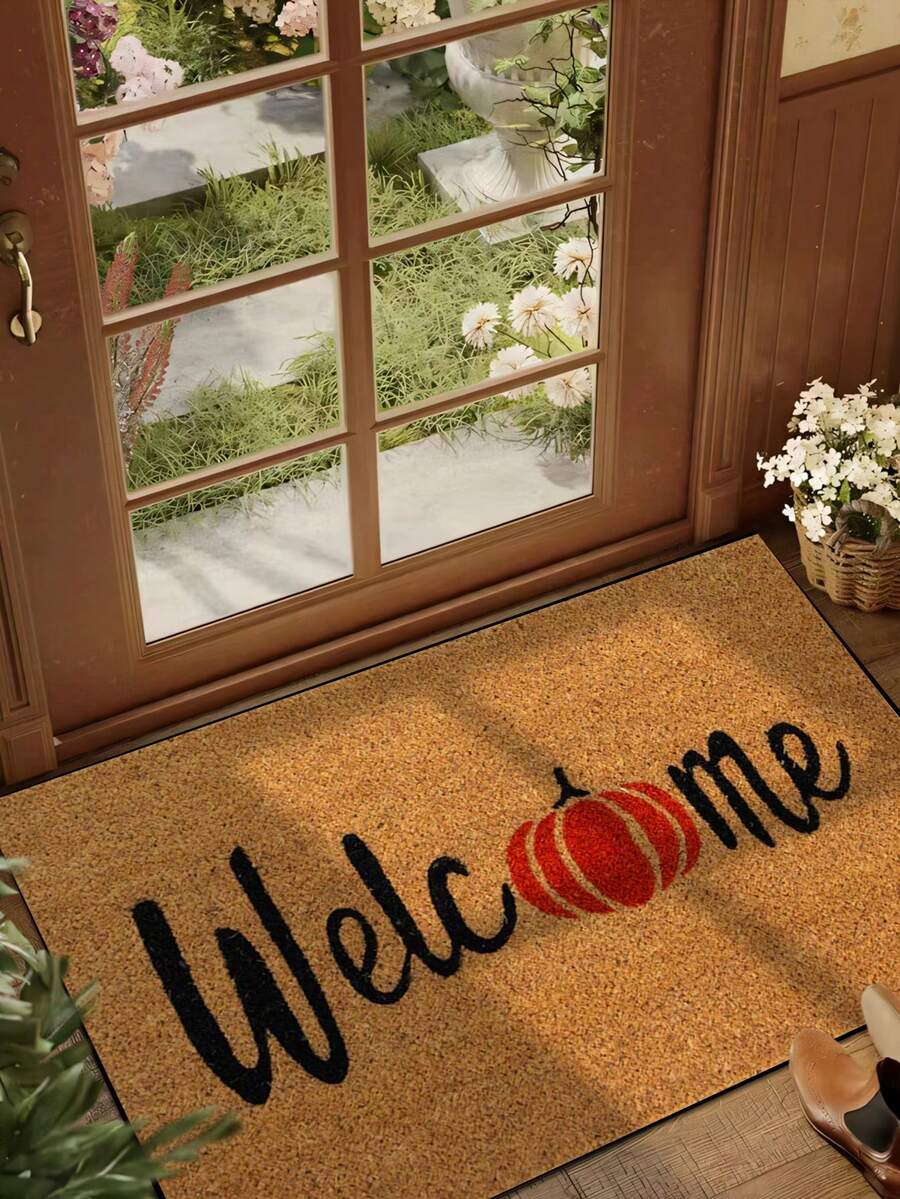 1pc Minimalist Red Pumpkin Welcome Letter Pattern Entryway Door Mat, Fun Minimalist Style Short Plush Quick-Dry Non-Slip Machine Washable Door Mat, Home Decor, Soft Furnishing Decor, Suitable For Kitchen, Bathroom, Dining Room, Entrance Mat, Party, Gathering, All Seasons, Yard Decor - Mustard Yellow - View 1