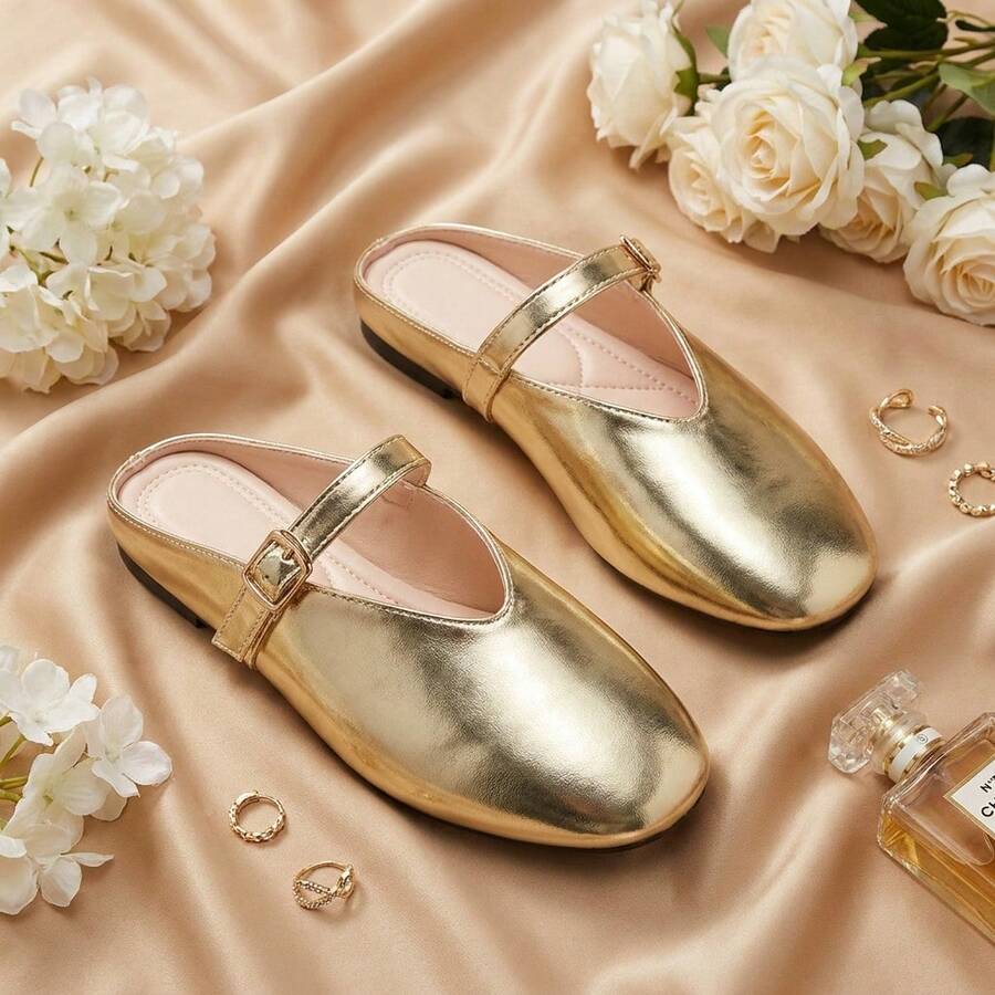 Women's Block Heel Slip-On Sandals, Metal Geometric Rivet Buckle Decor, Crocodile Embossed Glossy Pattern, Block Heel Slide, Rhinestone Studded Chunky Square Heel, Low Heel Outdoor Wear, Luxury Elegant Style, Spring Summer Shopping Date Gold, Metallic Glossy Embossed Leather Material, Chunky Heel Slide - Gold - View 1