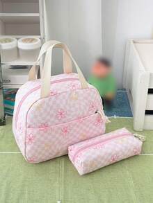 Mochila versátil de moda para mujer con bloques de color y estampado floral, doble correa, combinación de mochila y bolso escolar para estudiantes - Rosa - Ver 3
