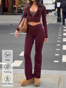 GLAMSKIN Women's 2-Piece Yoga Set, Zipper Long Sleeve Cropped Top & V-Waist Flare Pants, Autumn Daily Wear And Back To School Sports Outfit Elegant - Purplish-red - View 7