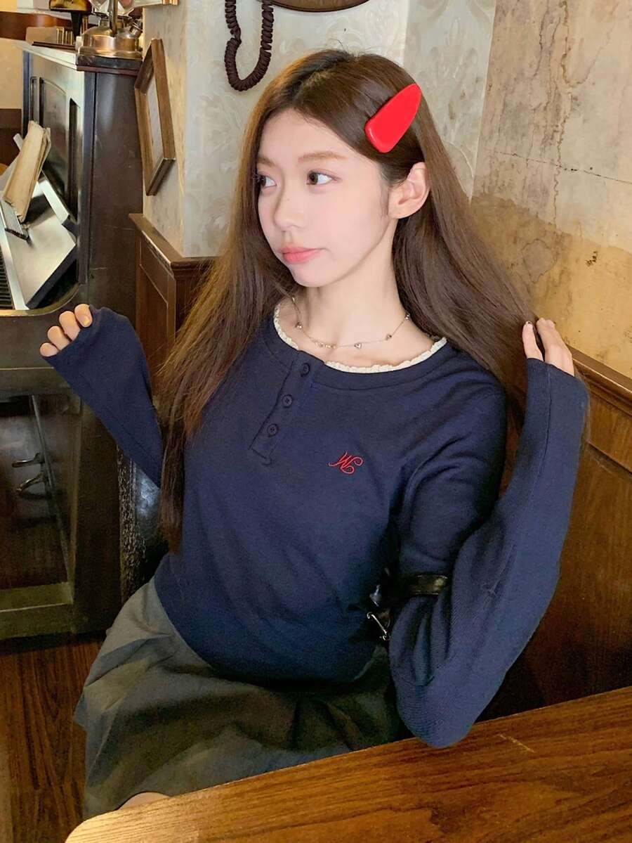 Autumn/Winter Lace Patchwork Round Neck Button 2 In 1 Long Sleeve T-Shirt Base Layer Top - Navy Blue - View 1
