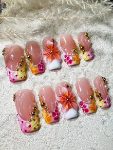 Pegatinas de arte de uñas florales 3D hechas a mano, uñas postizas cuadradas medianas, estilo de verano, adecuadas para niñas y mujeres - Multicolor - Ver 2