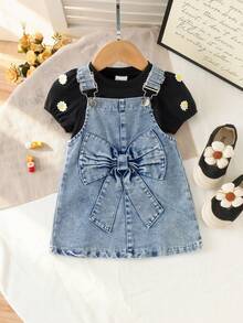 2件組嬰兒/幼兒（女童）甜美酷感可愛純色短袖上衣與牛仔吊帶裙套裝，輕量春夏款 - 黑色 - 查看 1