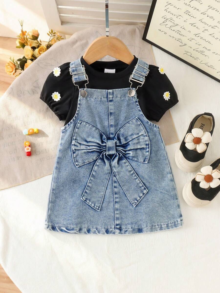 2件組嬰兒/幼兒（女童）甜美酷感可愛純色短袖上衣與牛仔吊帶裙套裝，輕量春夏款 - 黑色 - 查看 1