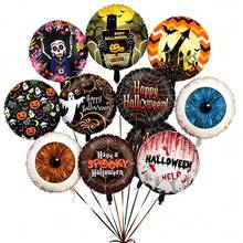 10 Stücke Set zufällige Horror-Halloween-Folienballons aus Polyesterfilm, runde Folienballons mit Horror-Augapfel-, Bluthand-, Geist-, Totenkopf- und Schloss-Muster, Gothic-Horror-Halloween-Partyzubehör, Wand- und Fensterdekoration zum Aufhängen für Zuhause, Foto-Requisiten für Halloween-Geburtstagsparty - Halloween-Kugel - Übersicht 1