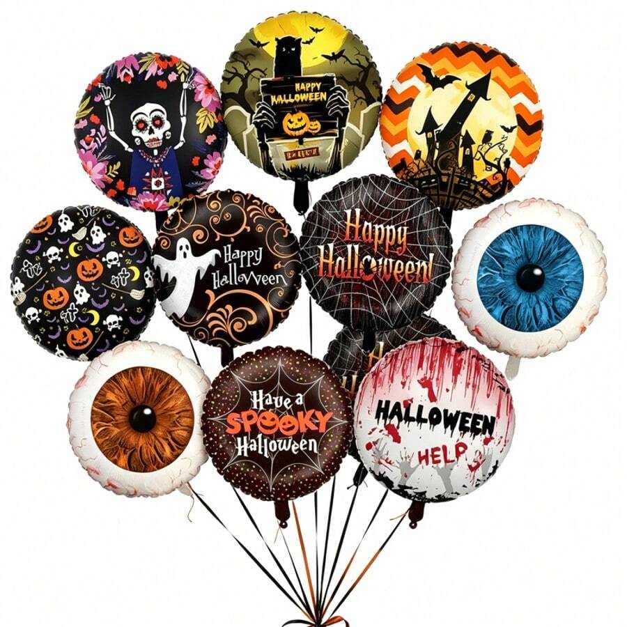 10 Stücke Set zufällige Horror-Halloween-Folienballons aus Polyesterfilm, runde Folienballons mit Horror-Augapfel-, Bluthand-, Geist-, Totenkopf- und Schloss-Muster, Gothic-Horror-Halloween-Partyzubehör, Wand- und Fensterdekoration zum Aufhängen für Zuhause, Foto-Requisiten für Halloween-Geburtstagsparty - Halloween-Kugel - Übersicht 1