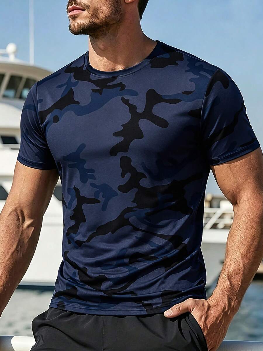 Men's Outdoor Sports Comfortable Camouflage Versatile Summer Short Sleeve - Blue - View 1
