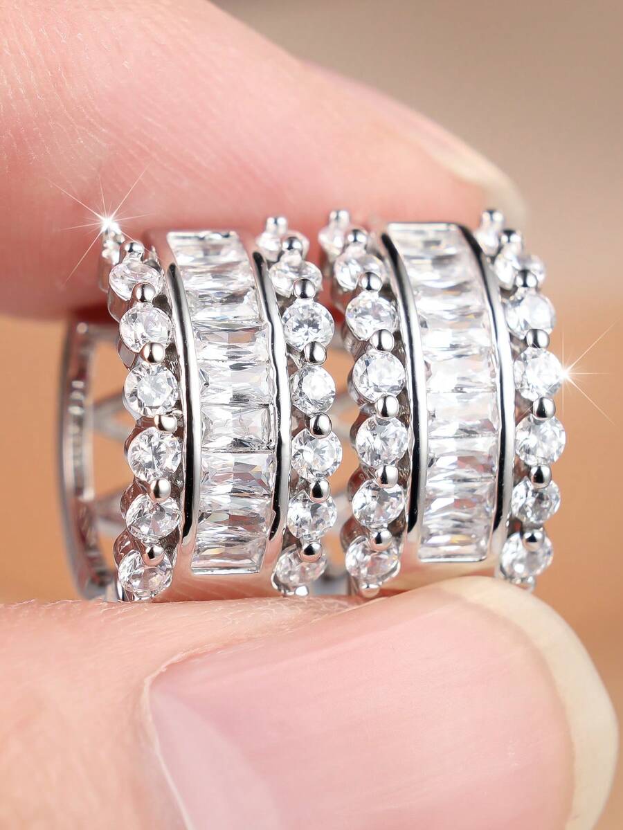 1 Pair Durable Full Rhinestone Wide Earrings - Luxury Elegant Choice, Suitable For Commute, Evening Party And Daily Wear - Silver - View 1