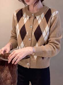 Cardigan Sweater Lengan Panjang Leher Bulat Motif Belah Ketupat Retro Kasual Wanita, Musim Gugur/Dingin - Khaki - View 4