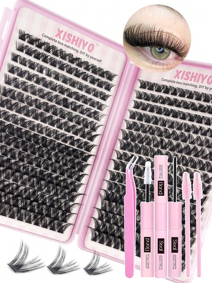 384pcs Single Lash Extensions, Lash Book, Cluster Lashes, DIY Lash Extension Kit (Includes Tweezers, Lash Glue, Lash Brush, Cluster Lashes, Single Lashes, False Lashes)