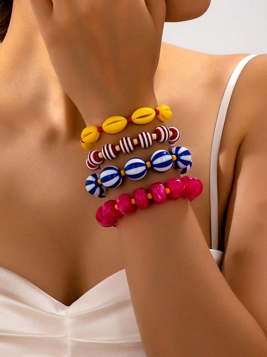 1pc/4pcs Dopamine Color Block Striped Shell Multi-Layer Beaded Bracelet Women's Vintage Colorful Ball Resin Bracelet Beach Vacation Beach Layered Jewelry - Beaded Bracelet - View 1