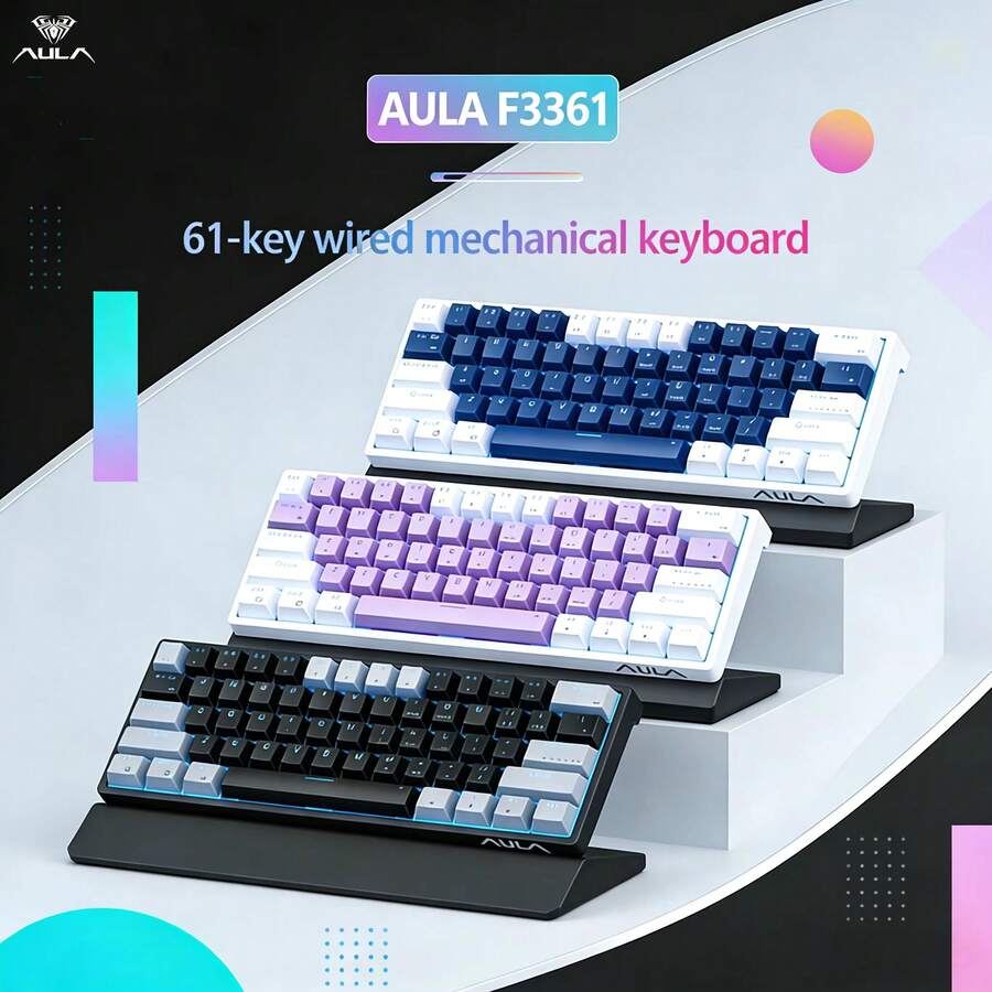AULA F3361 機械鍵盤 可自定義熱插拔 61鍵 黑光電競鍵盤 FN多媒體 機械軸 靈敏 有線鍵盤 適用於滑鼠 辦公室 家用 筆記電 PC 電競遊戲 - 查看 1