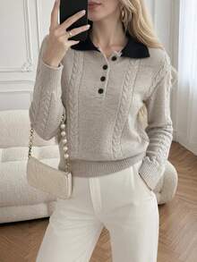Women's Polo Collar Half-Button Cable Knit Sweater, Vintage Slim Fit Cropped Long Sleeve Preppy Commuter Inner Layer Top - Apricot Color - View 4