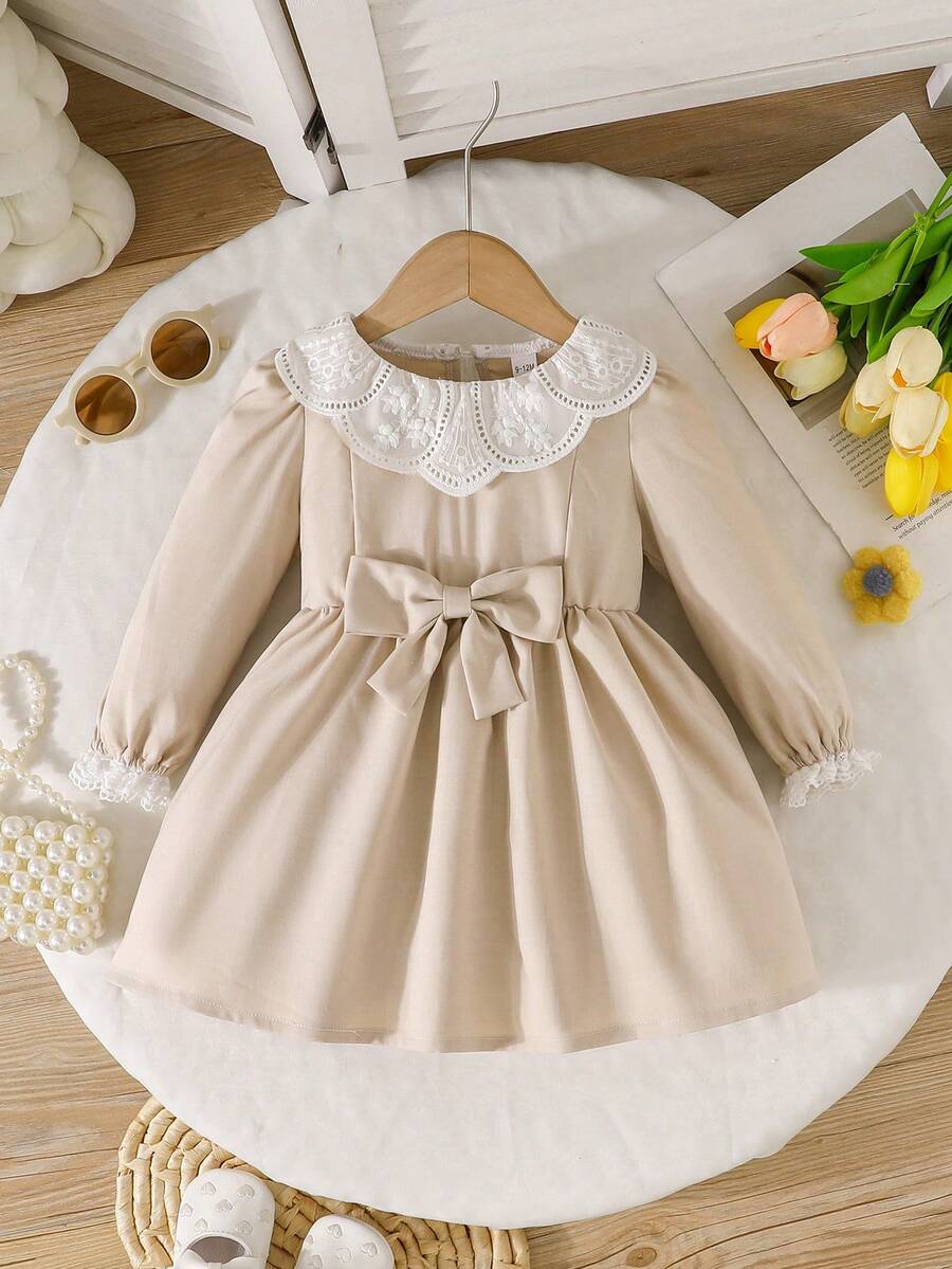 Baby Girl Exquisite Lace Trim Collar Bowknot Decor Sweet Dress - Apricot - View 1