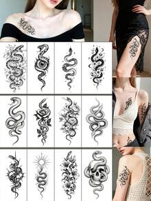 12 Exquisite Snake & Flower Temporary Tattoos, Featuring Various Poses Of Snakes With Elements Like Roses, Skeletons, Lilies, Thorns, And Eyes, Suitable For Men And Women For Full-Body Use, Realistic And Waterproof For Long-Lasting Effects - Black - View 1