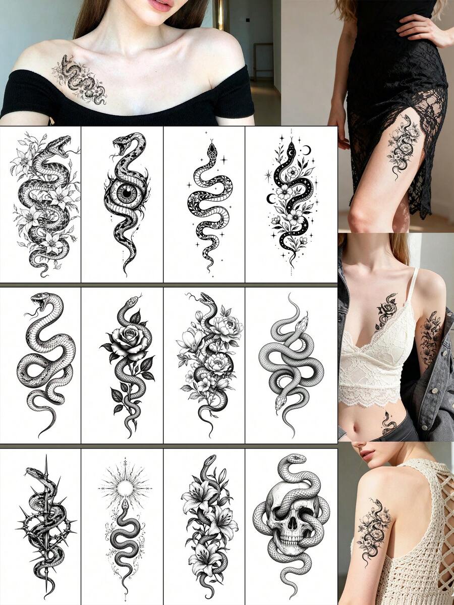 12 Exquisite Snake & Flower Temporary Tattoos, Featuring Various Poses Of Snakes With Elements Like Roses, Skeletons, Lilies, Thorns, And Eyes, Suitable For Men And Women For Full-Body Use, Realistic And Waterproof For Long-Lasting Effects - Black - View 1