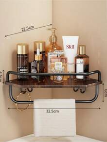 1pc No-Drill Bathroom Shelf, Wall-Mounted Wood Grain Bathroom Storage Rack With Hooks And Towel Bar, Toiletry Organizer - Multicolor - View 16