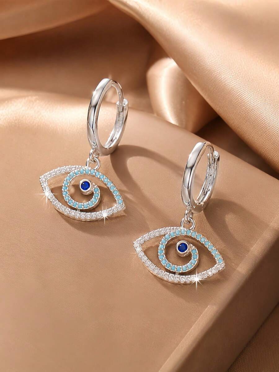 1 Pair Vintage Gold & Silver Dual Color Turquoise Blue Rhinestone Evil Eye Hollow Rhinestone Stud Earrings For Women, Versatile Vacation Jewelry - Evil Eye - View 1