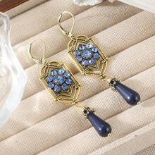 Vintage Palace Hollow Blue Zirconia Flower Art Drop Earrings, Women's Christmas Holiday Gift - Gold - View 5