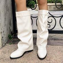 1 Pair Popular Folded Pleated Boots Fashion Buckle Flat Comfortable Solid Color Western Style Casual Microfiber Leather Mid-Calf Boots For Holiday Party Autumn/Winter - Beige - View 10