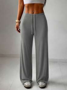 Women's Casual Wide Leg Joggers - Gray Pants, Drawstring Waist, Elastic Waistband, Comfortable Loose Fit Fall - Grey - View 2