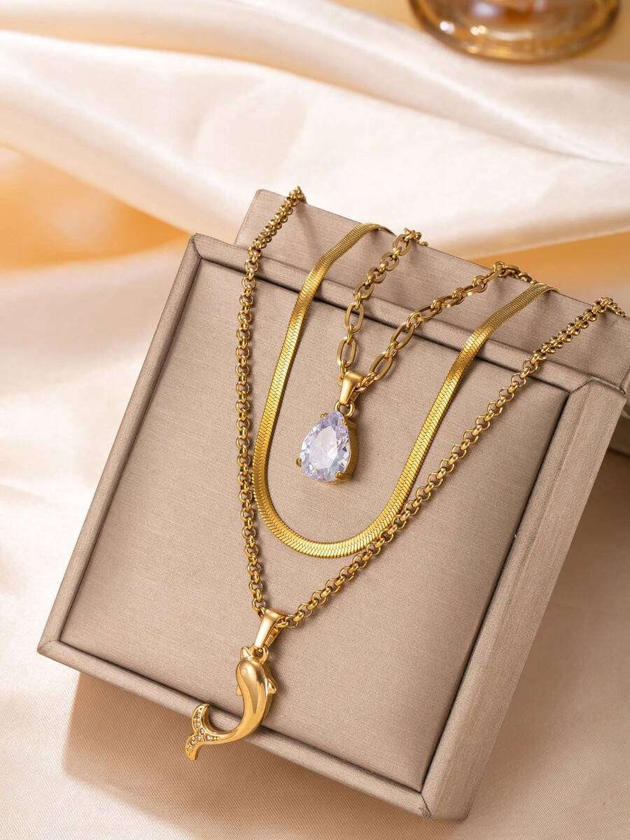 3pcs Elegant Stainless Steel Dolphin Water Drop White Zirconia Necklace Set For Women, Suitable For Daily Wear, Dating, Party And Holiday Accessories - Gold - View 1