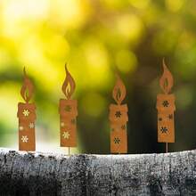 4pcs Freestanding Candle Silhouette Outdoor Decor, Rustic Metal Rusted Candle Silhouette: Metal Rusted Five-Petal Flower Candle Silhouette Christmas Garden Metal Decorative Stake, Suitable For Outdoor Yard Art, Lawn Decoration, Indoor Bonsai - 4pcs - View 8