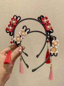 1/2pcs Chinese Style Red Headband Hair Accessories With Fake Braids, Tassels And Flower Hair Clips For Girls - Multicolor - View 9