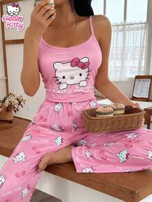 SANRIO 两件套 KT 猫咪印花吊带背心和阔腿裤，粉色卡通图案无袖上衣 + 配套长裤，适合居家休闲和户外穿着 - 粉色 - 查看 5