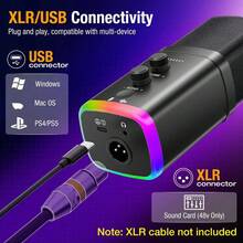 XLR/USB 動圈麥克風，適合直播與遊戲，附 RGB 燈效、靜音按鈕、耳機插孔、桌面支架，理想的 PC 麥克風，適用於播客、唱歌、錄音 - 查看 6