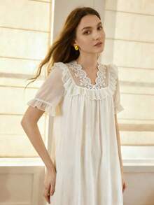 Women's White Lace Mesh Nightgown, V-Neck Flare Short Sleeve Bow Loungewear Dress, Soft Casual Homewear Sleepwear - Multicolor - View 5