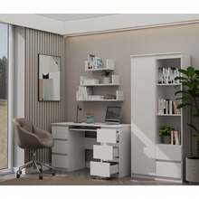 1 Piece Minimalist Double Chest Drawer Writing Desk, 130cm Wide Matte White Tabletop With Pull-Out Keyboard Tray, 3 Drawers On Both Sides Large Storage Space, For Bedroom Study Office, Computer Table, Makeup Vanity, Student Workbench - meja - View 7